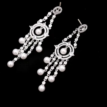 

Silver Color Premium Pearl Earrings Long Tassel Heavy Zircon Earrings for Women's Party Jewelry Jewelry Gift