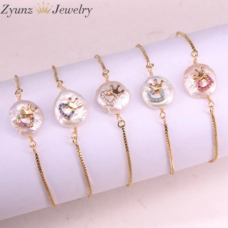 Bracelets 10PCS, cz paved tiny crown charm freshwater pearl bead charms gold link bracelets for women jewelry - Окраска металла: Bracelets