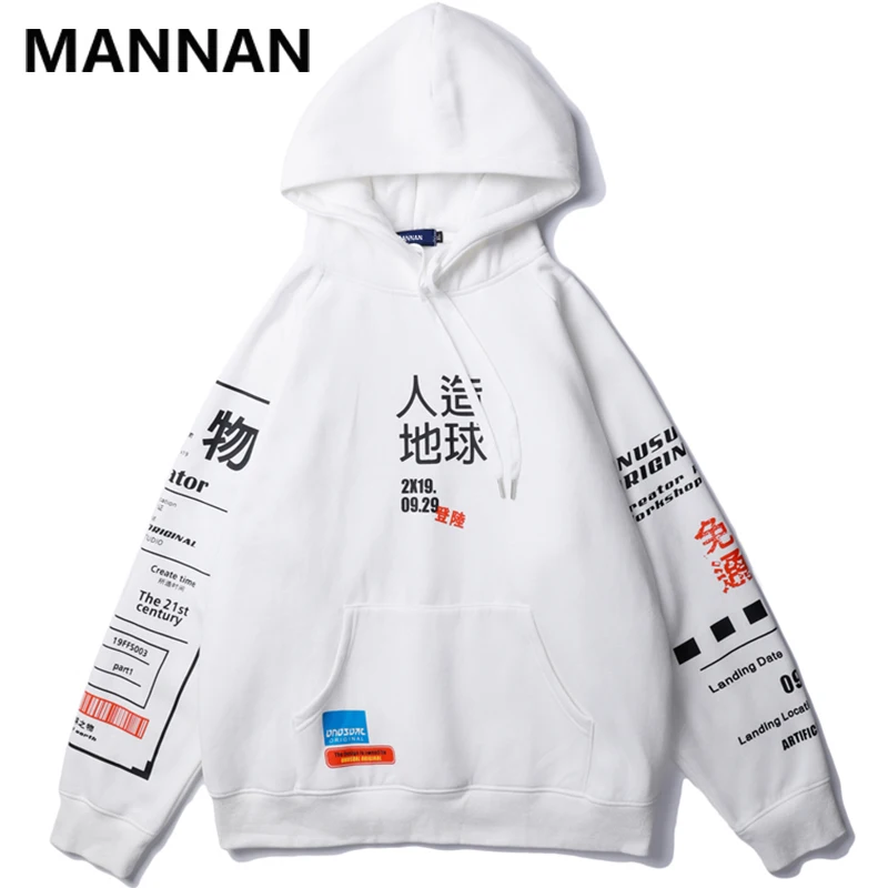 MANNAN Осень Harajuku толстовка мужская зимняя флисовая хип-хоп пуловер толстовки Графический граффити Kanji уличная топы