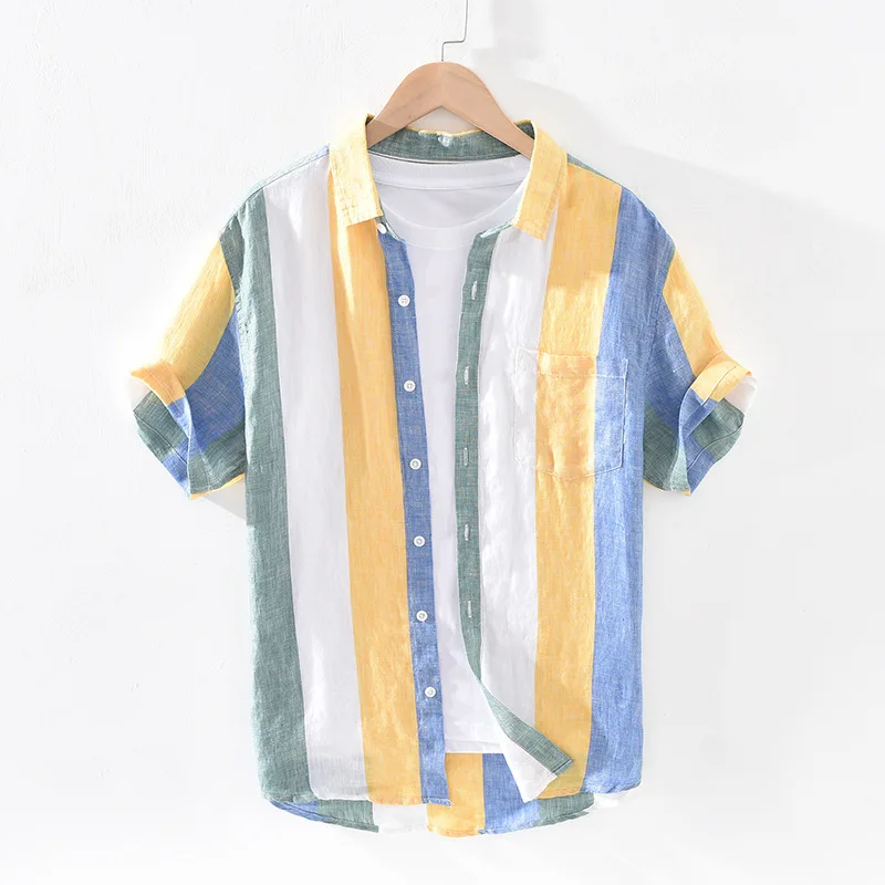

Summer Linen Striped Casual Shirt Mens Short Sleeve Lapel Collar Loose Comfortable Male Blouse Multi-color Fresh Style hombre