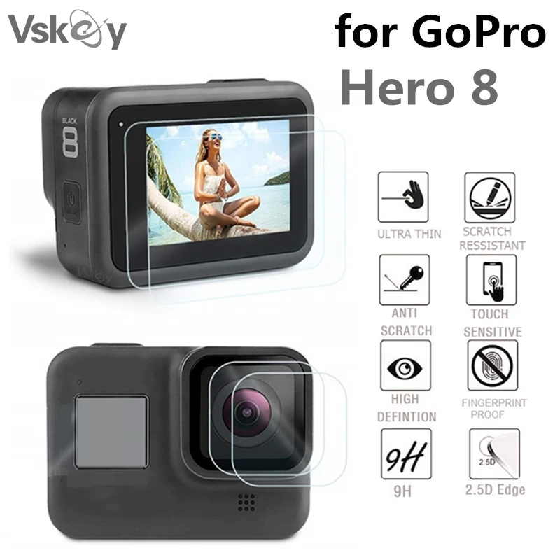 VSKEY 100PCS Tempered Glass for GoPro Hero 8 Camera LCD Screen Protector + Lens Cap Protective Film for Hero 8 Black