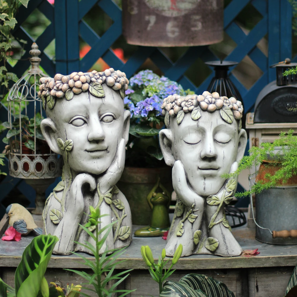 

Home Yard Planter Creative Portrait Retro Head Vase Ornament Flower Pot Fantasy Character Statue Craft Decoration Art