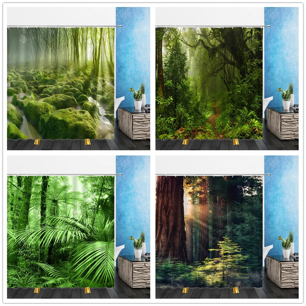 

Natural Landscape Shower Curtains Summer Forest Green Plant Bamboo 3D Bathroom Home Decor Waterproof Polyester Cloth Curtain Set