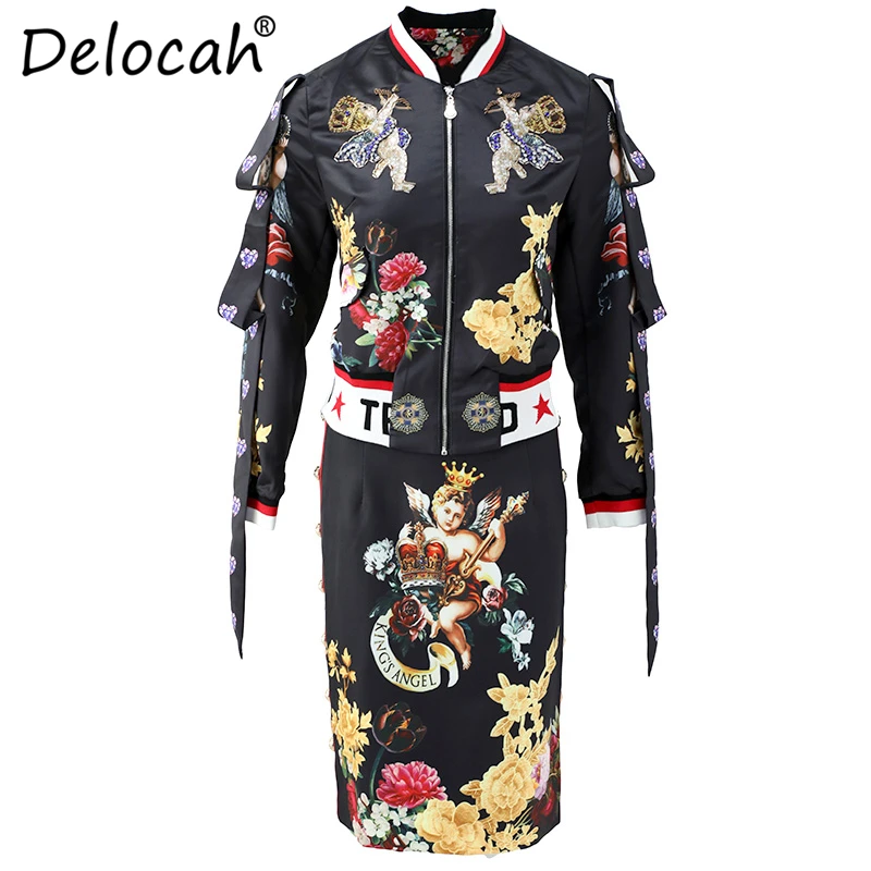 Delocah новые женские осенние винтажные комплекты Подиумные Модные Топы с длинным рукавом и отделкой из бус и юбка средней длины с узором комплект из двух предметов