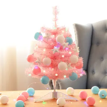 

Handmade Pink Flocking Christmas Tree with Balls Stars Color LED String Light for Home Desk Girls Birthday Gift New Year Xmas