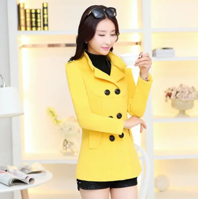 yellow Зимняя одежда Короткое шерстяное пальто женское пальто корейское осеннее шерстяное пальто модное двубортное элегантное шерстяное пальто - Цвет: yellow