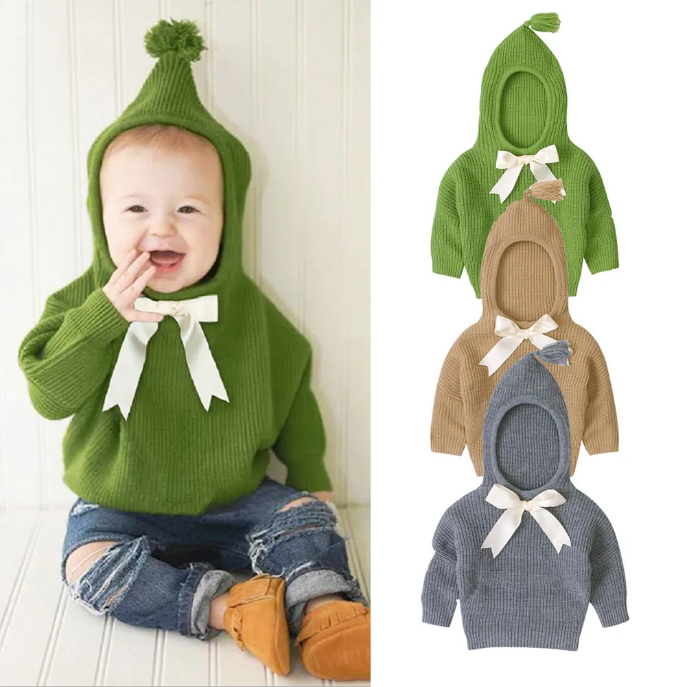 Emmababy, милая вязаная для маленьких девочек, теплый свитер с капюшоном, топ, плащ с бантом