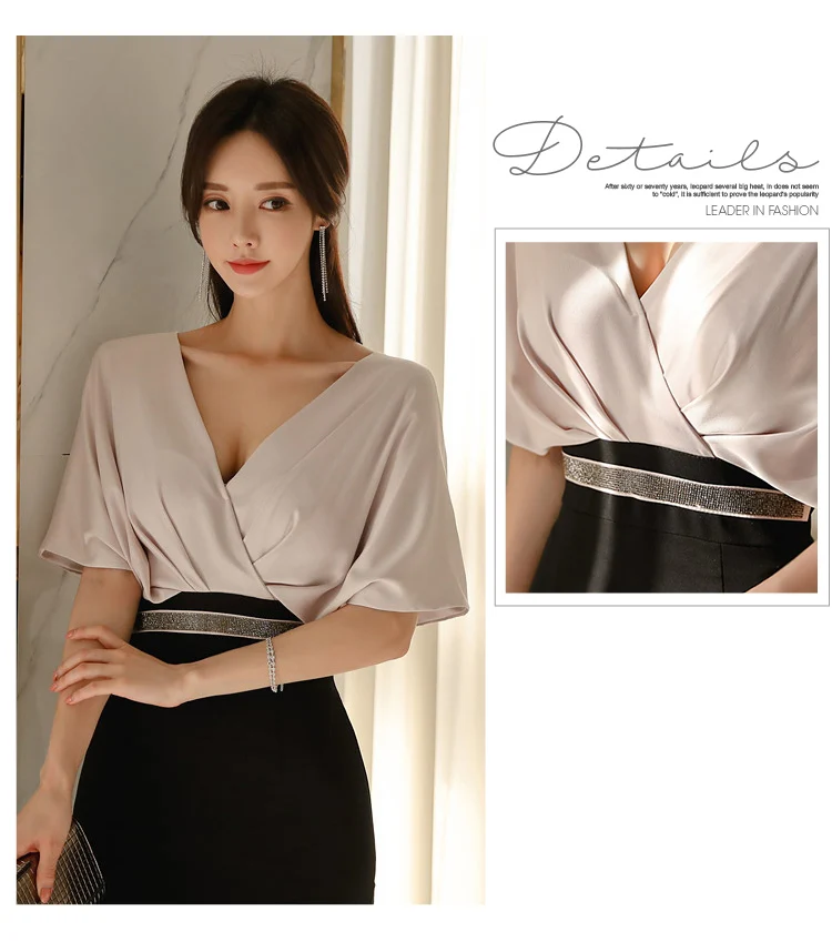 Новинка весны, корейское тонкое платье с v-образным вырезом, имитация двух частей, пэчворк, высокая талия, модное, офисное, женское, сексуальное, до колен, облегающее платье