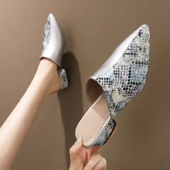 

ZawsThia 2020 snake python skin printing pointed toe chunky middle heels women slippers outside women slides mules big size 48