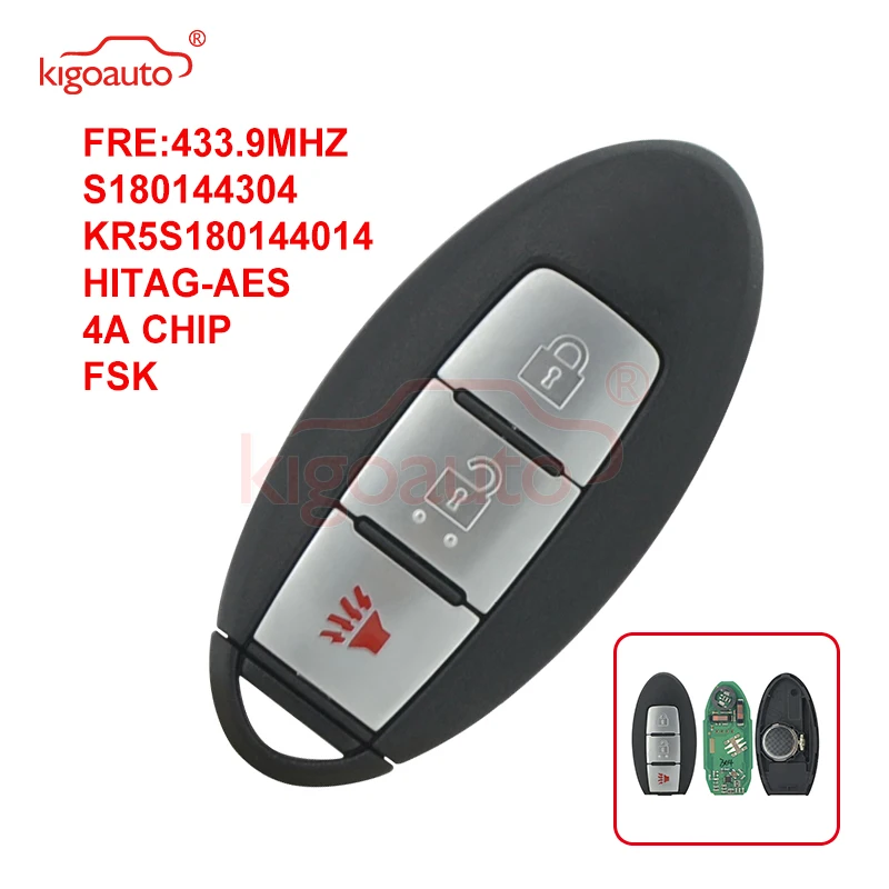 KIGOAUTO Smart Key 3 Button 433.9MHZ FSK HITAG-AES 4A CHIP Uncut For NISSAN Pathfinder Murano 2015-2018 285E3-5AA1C S180144304