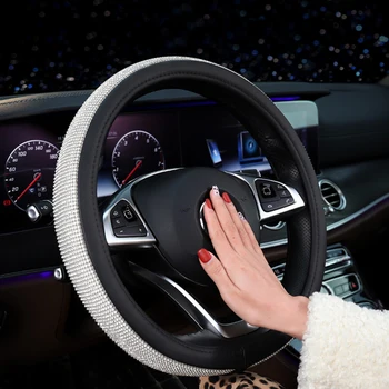 

PU Leather Crystal Car Steering Wheel Cover 38cm Bling Bling Rhinestones Fashion Luxury Women Girls Car Accessories Four Season