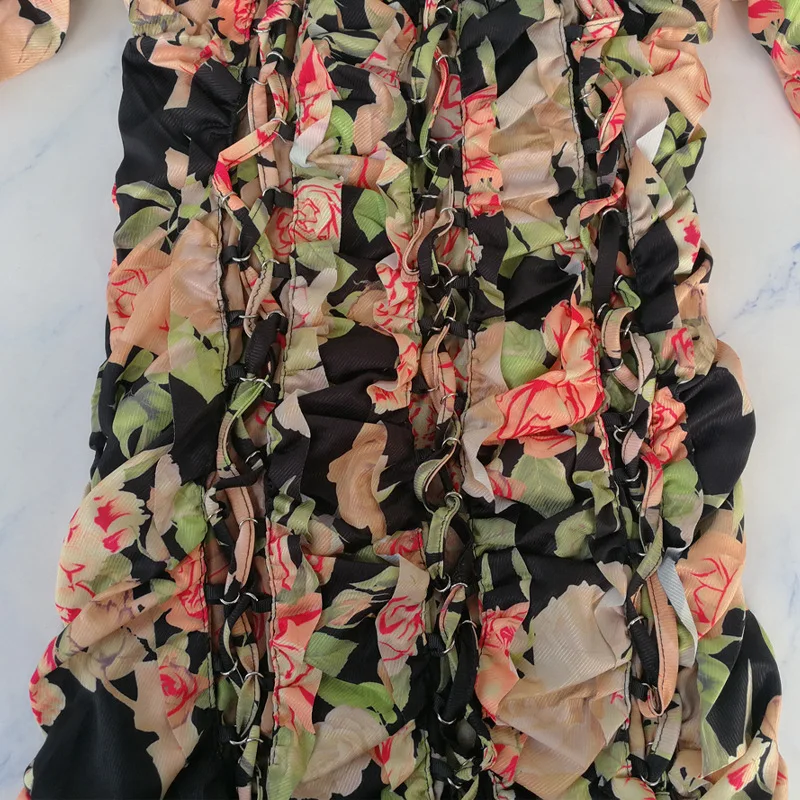 EFIOLY Print Ruched Dress For Women Turtleneck Long Sleeve High Waist Mini Vintage Dresses Female Autumn Fashion New