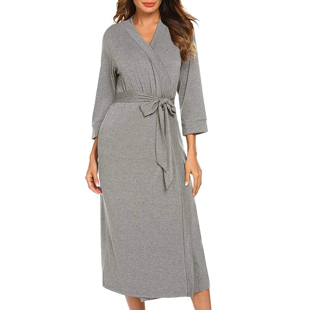 Albornoz de punto largo de kimono para mujer, albornoz de invierno, vestido de algodón de dama de honor, pijama sexy con cuello