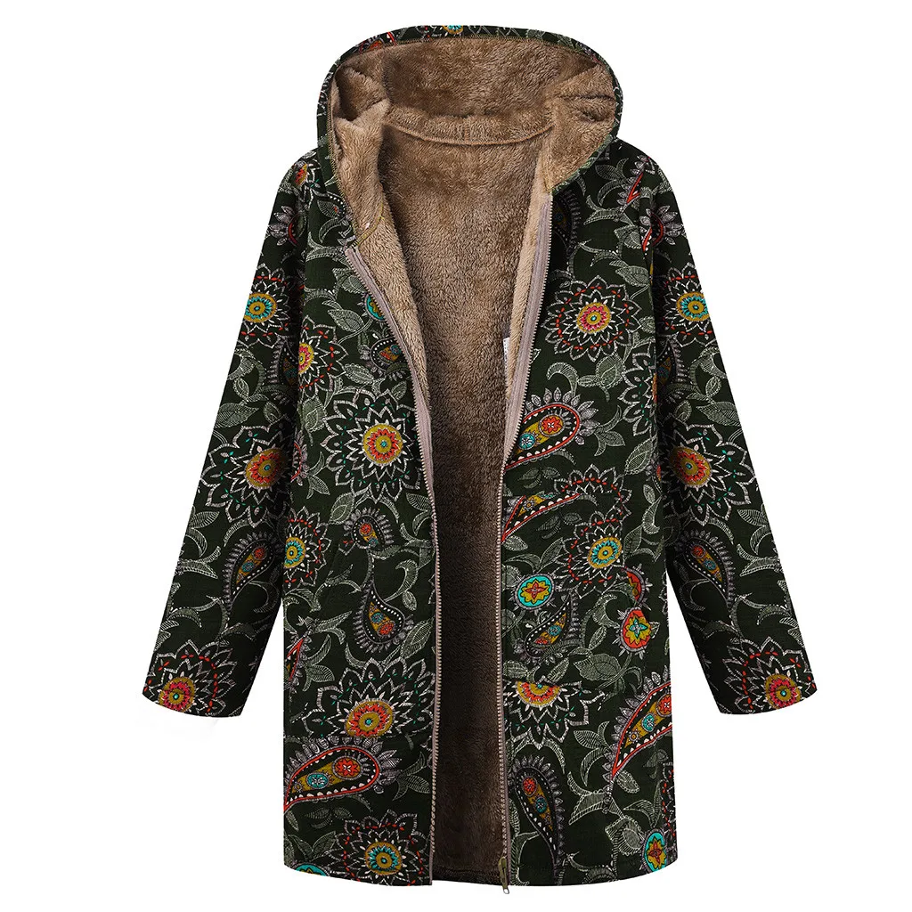 Большие размеры, пальто с капюшоном, хлопковая зимняя женская куртка, винтажная, на молнии, с этническим принтом, с капюшоном, Женские флисовые пальто и куртки, зимние