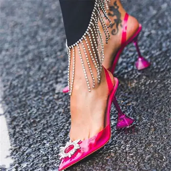 

Women Gladiator Sandals Brand Design Summer Blue PVC Pointy Toe Strange Style High Heels Slip on Woman Shoes Crystal Sexy Pumps