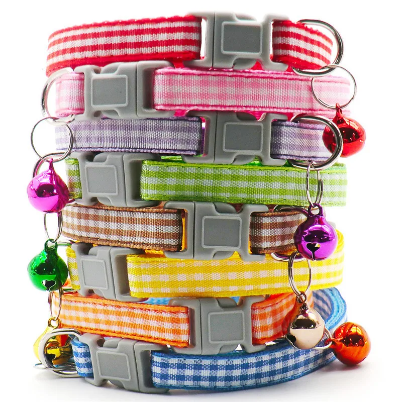 Cat Dog Safety Plaid Cat Collar Buckles with Bell Adjustable Cat Buckle Collars Suitable Kitten
