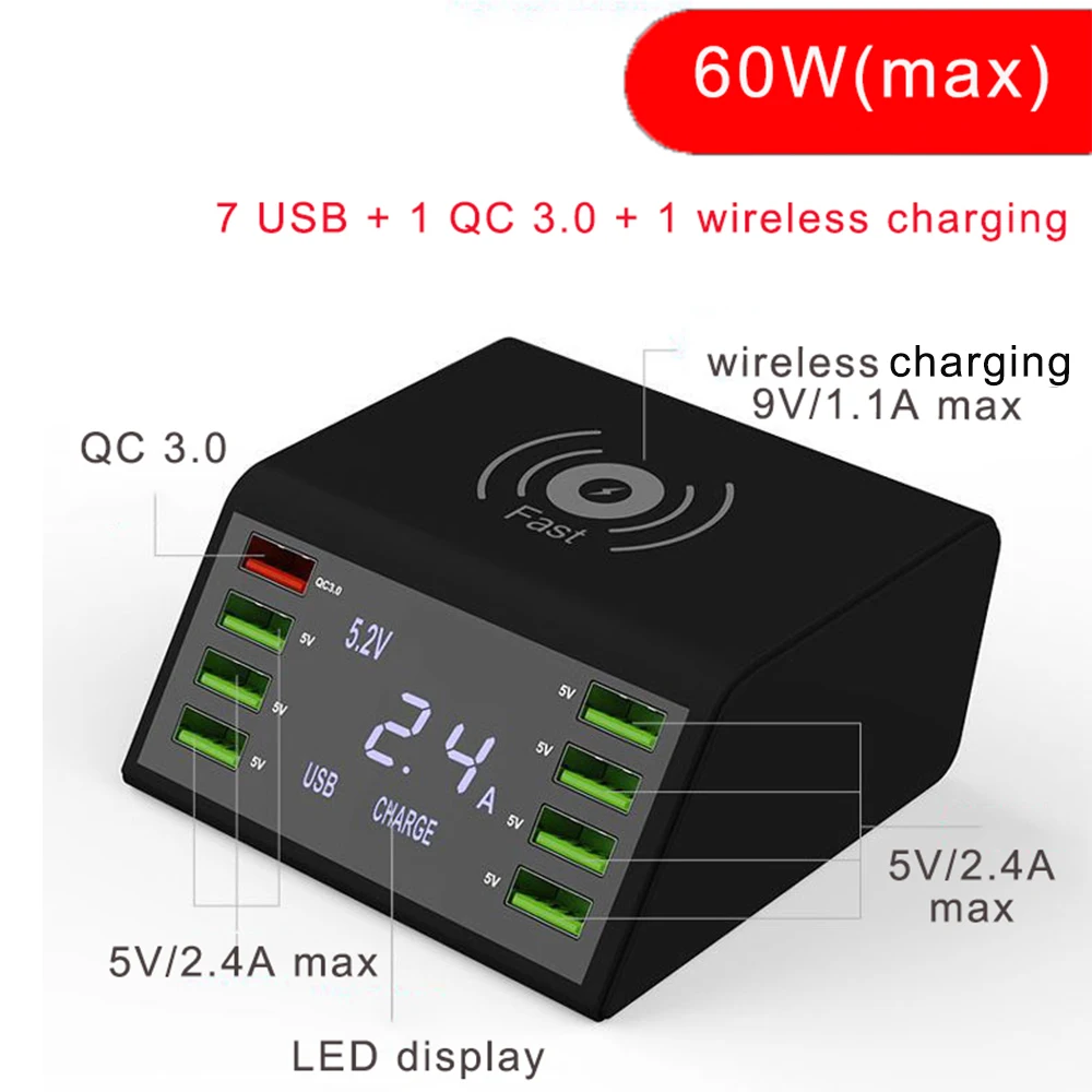 Qi Беспроводное зарядное устройство 60 Вт Светодиодный дисплей USB быстрая зарядка 3,0 быстрозарядная станция для iPhone X 8 samsung s9 huawei Nexus Mi адаптер