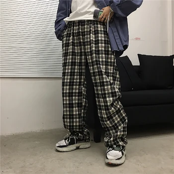 

Lychee Girls Hit Color Plaid Women Pants Elastic Waist Full Length Checkered Black and White Casual Loose Straight Trousers