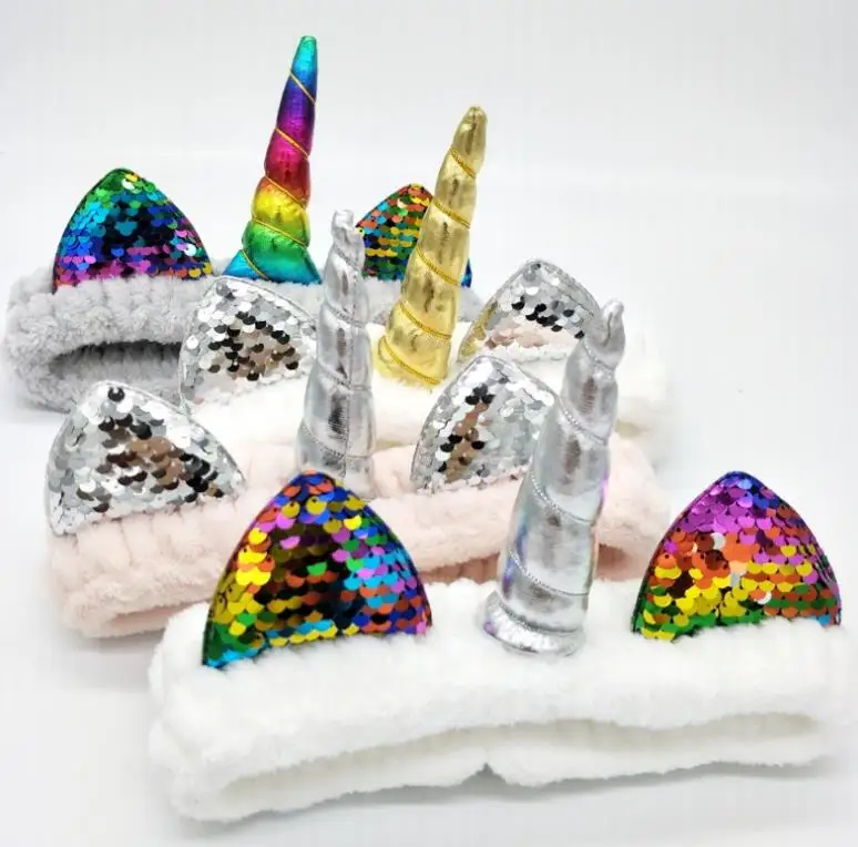 

Unicorn Horn Sequined Plush Hair Band Christmas Party Cat Ear Headwrap Soft Headband for Girl Women