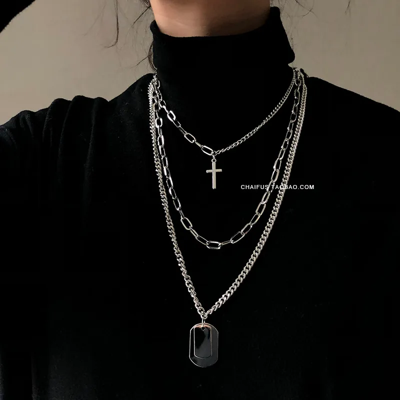 HUANZHI-2019-New-Personality-Cross-Square-Metal-Multilayer-Hip-hop-Long-Chain-Cool-Simple-Necklace-For