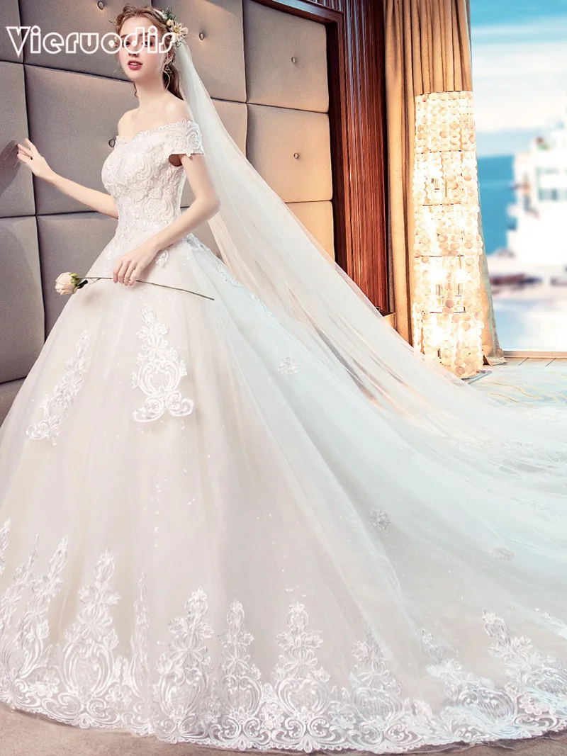 New Lace Wedding Dress Chapel Trailing Champagne White Trailing and Wedding Dress Vintage Luxury One shoulder Sexy Strapless