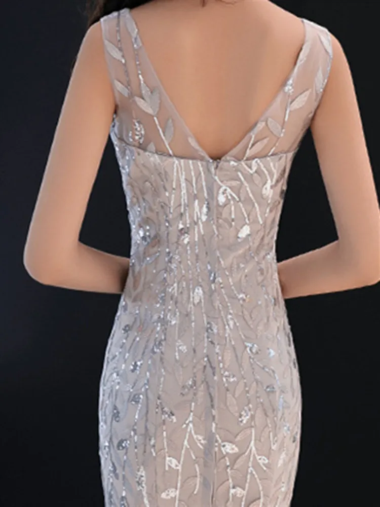 Skyyue вечернее платье без рукавов с вышивкой и блестками Robe De Soiree o-образным вырезом, однотонное платье русалки размера плюс E047