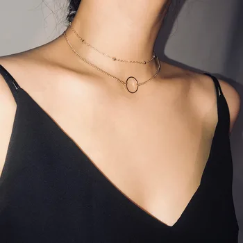 Fashion New Beads Choker Circle Pendant Necklace for Women Gold Silver Color Clavicle Chain Layered Necklaces Female Simple