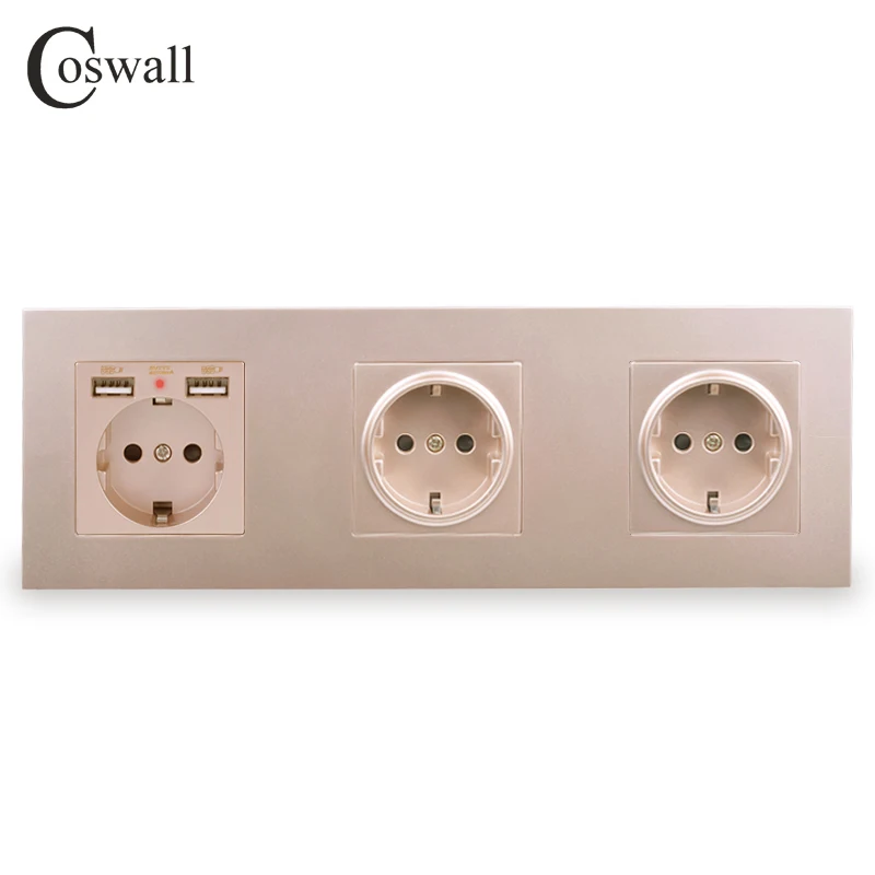 COSWALL 3 банда настенная розетка с заземлением+ двойной usb порт для зарядки со скрытым мягким светодиодный индикатор черный белый золотой ПК Панель