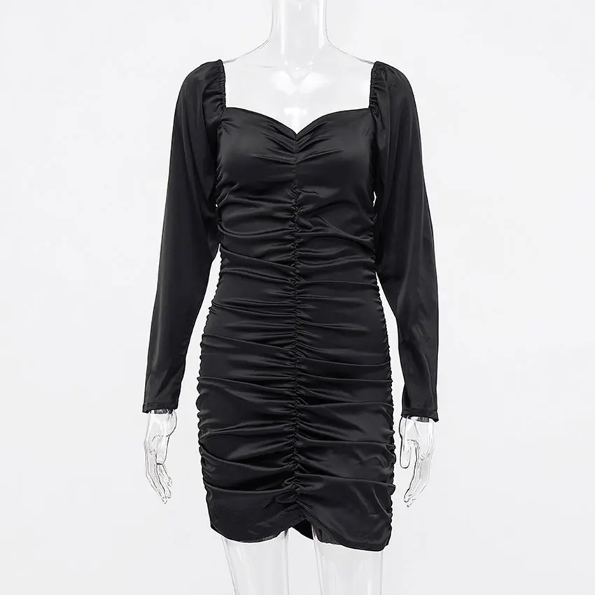 Black OOTN Элегантный квадратный вырез вечерние платья с рюшами женский с пышными рукавами платья осень длинный рукав сексуальное Мини Короткое платье Femme - Цвет: Black