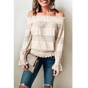 

Fashion Women Off Shoulder Blouse Shirts Tops 2020 Ladies Lace Long Sleeve Slash Neck Elegant Office Lady Blouse Blusas Clothes