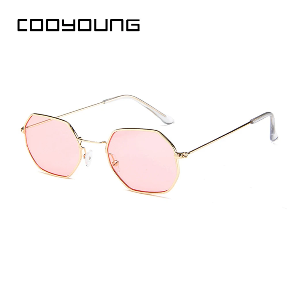 COOYOUNG модные шестигранные Квадратные прозрачные солнцезащитные очки для женщин, брендовые Дизайнерские мужские винтажные зеркальные Оптические солнцезащитные очки с металлической оправой UV400 - Цвет линз: C5Pink