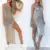 Женщины Сексуальный Летний Солнцезащитный Крем Sheer Mesh Бикини Cover Up Metallic Solid Color Backless High Slit Beach Club Party Платье Без Рукавов