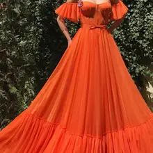 Милое оранжевое платье для выпускного вечера с открытыми плечами ТРАПЕЦИЕВИДНОЕ платье для выпускного вечера с бабочками и бисером на бретельках с оборками, длинное вечернее платье из тюля