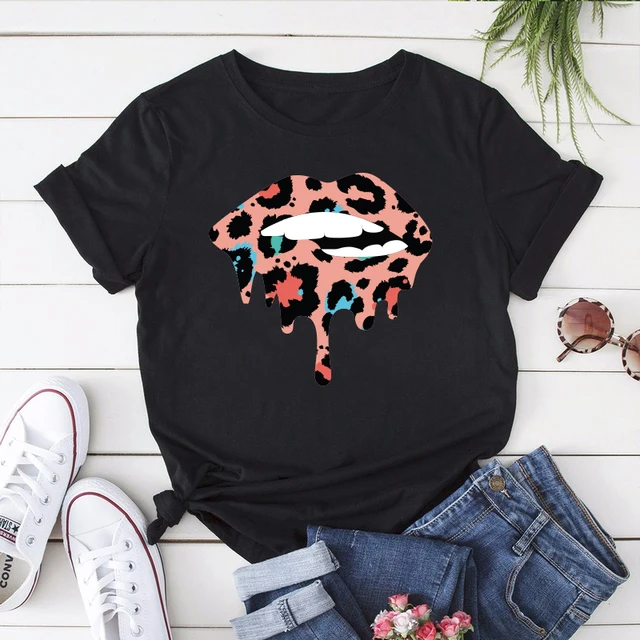 Summer Fashion Shirt Lips Leopard Graphic T Shirt Women Harajuku Tops  O-neck 4 colors Tee Kiss Lip Funny Girls  T-shirt Lips 4 Black
