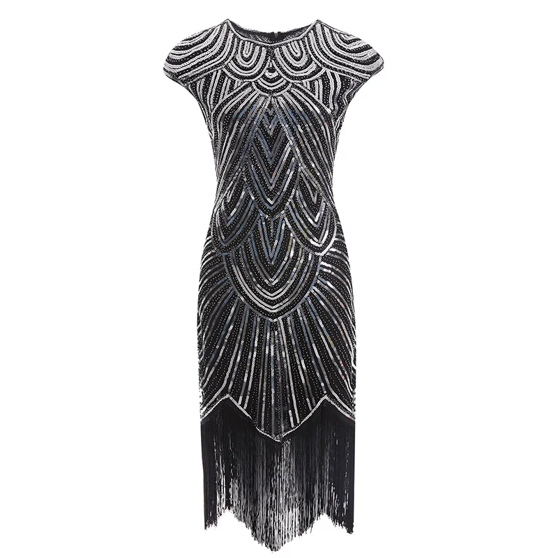 black-silver dress 1920s Flapper платье Great Gatsby вечерние платья с блестками и бахромой - Цвет: black-silver dress