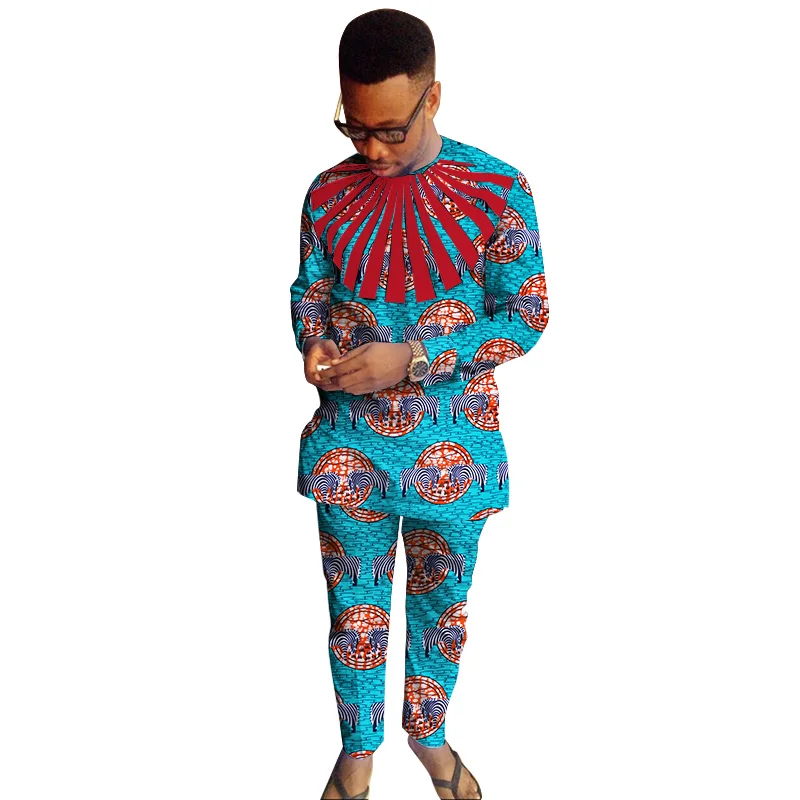 Мода Анкары для мужчин s одежда Dashiki наборы из двух частей набор мужские рубашки+ брюки набор для мужчин Slim Fit Рубашки Плюс Размер 6XL WYN249 - Цвет: 19