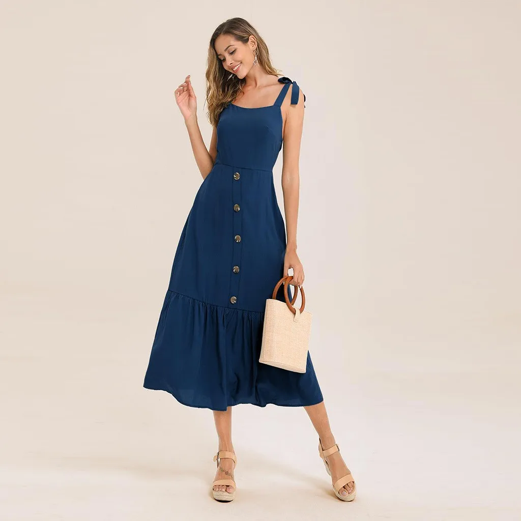 Womail Fashion Для женщин платье одежда без рукавов, на пуговицах, с карманами печатных платье Пляжное длинное платье, сексуальное платье, женская летняя обувь