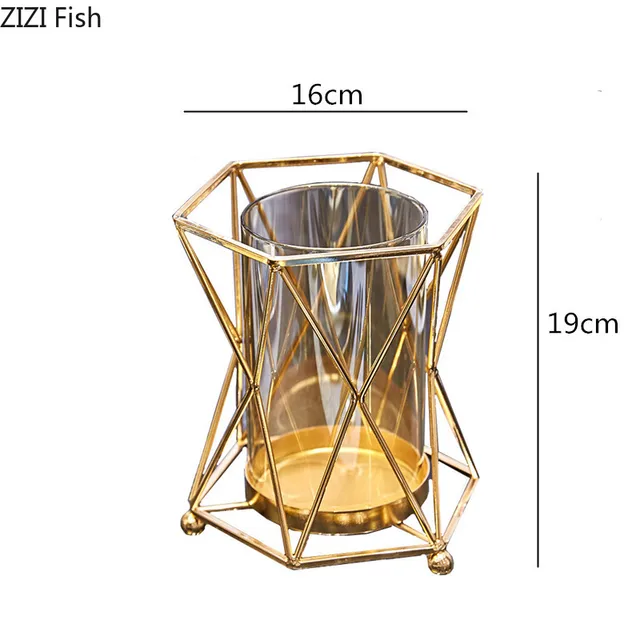 Creativity Glass Transparent Geometry Golden Metal Frame Flower Vase 5