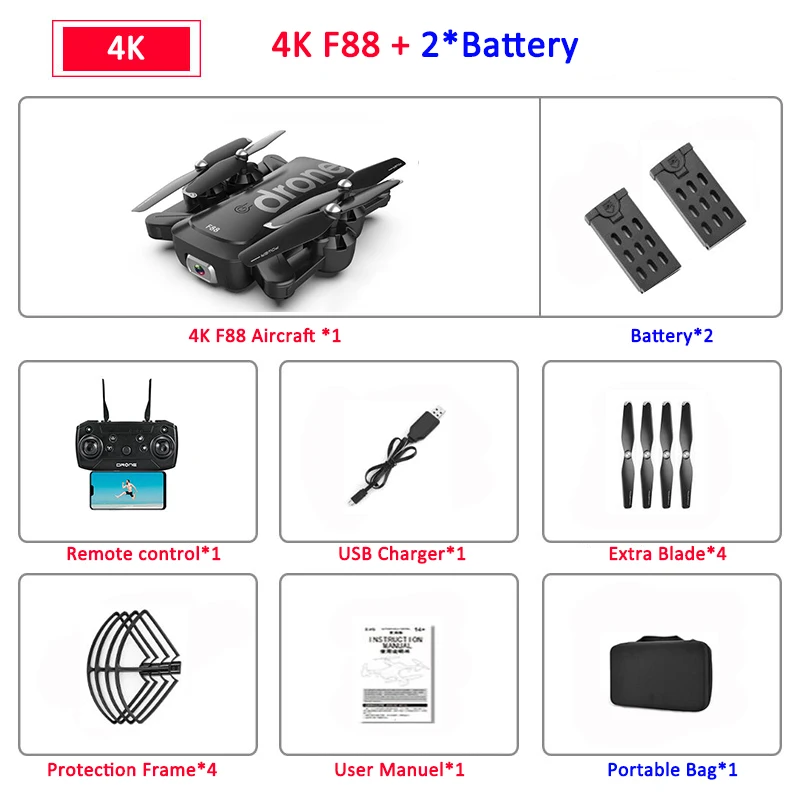 F88 Drone RC Quadcopter Foldable Portable WiFi Drones With 4K HD Wide-Angle Live Video Camera Altitude Hold Mode Dron VS SG106 - Цвет: 4k 2B BAG