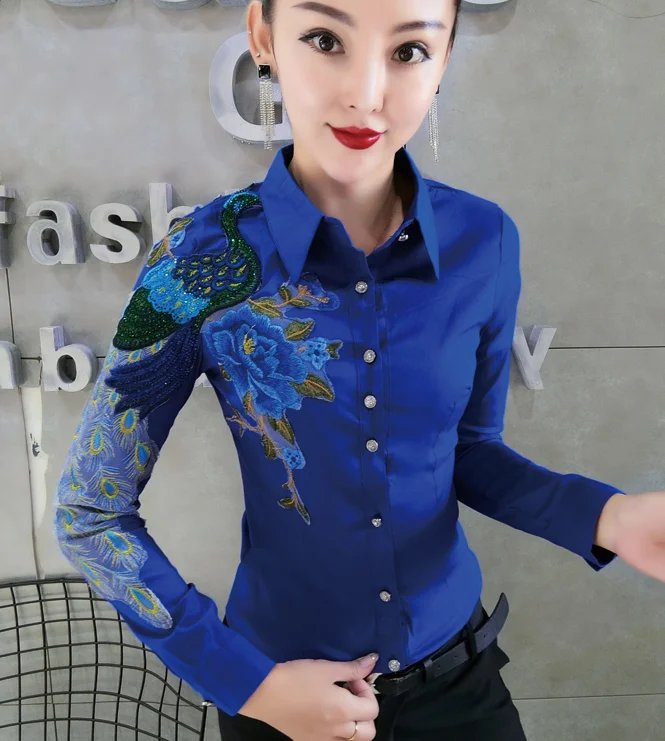 Dingaozlz Elegant Embroidered Tops Turn down collar White OL shirt Slim New fashion Women Chiffon blouse Red/Blue/Yellow - Цвет: blue