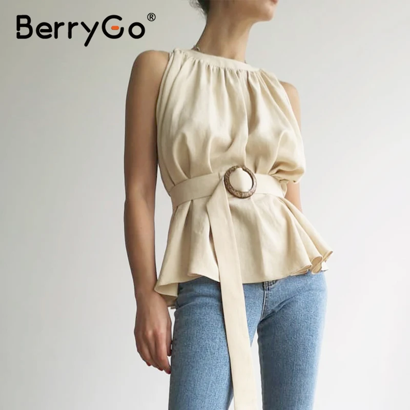 BerryGo, Женская майка без рукавов, майка, рубашка, повседневная, с рюшами, с высоким поясом, сексуальный топ, женская одежда для работы, для офиса, женские топы, майки