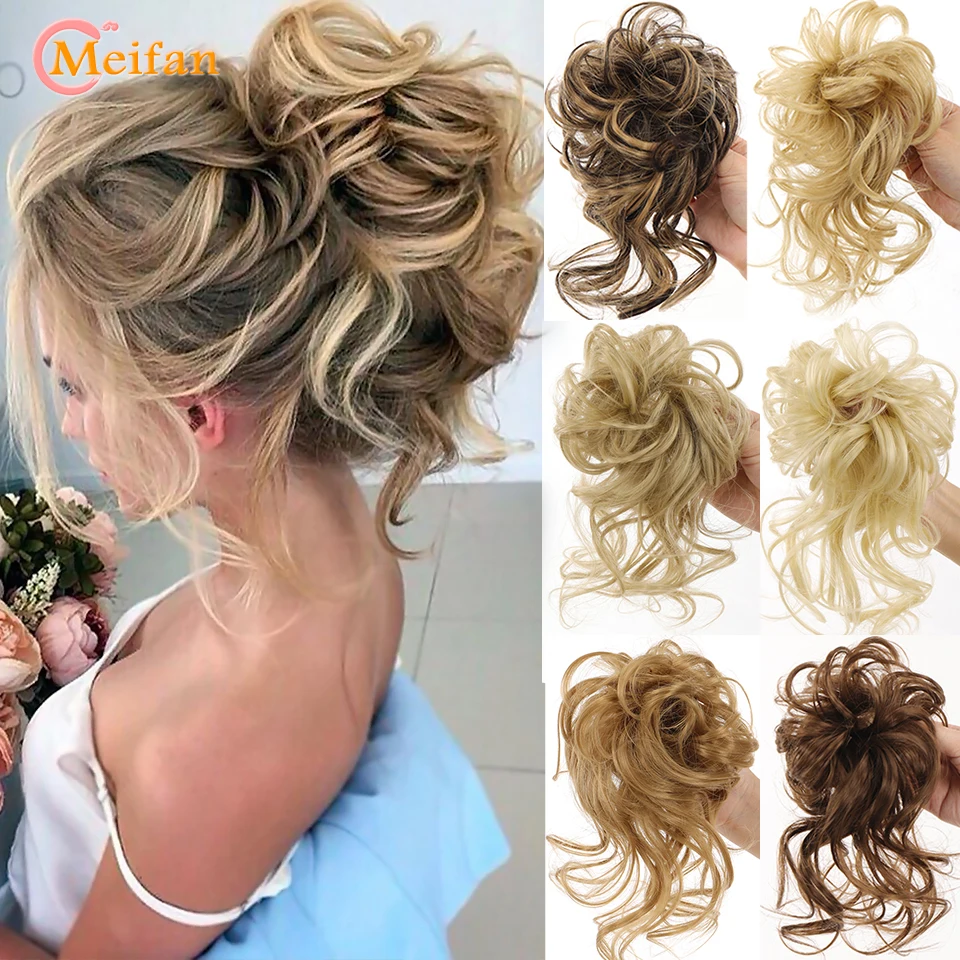 MEIFAN Synthetic Curly Scrunchie Chignon With Rubber Ban Hair Ring Wrap Around on Hair Tail Messy Bun Ponytails Extension hair bun extensions