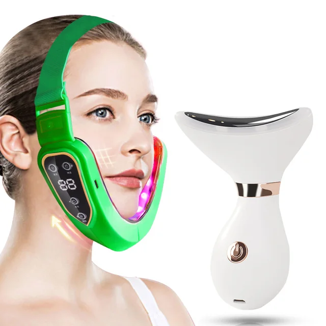 Electric V Face Lifting Double Chin Reducer Lifting Facial Slimming Shaping Microcurrent Led Light Devices Neck Massager Lift dark green kit 04