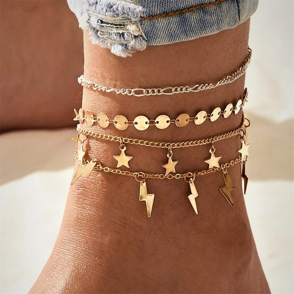 Винтажные новые бисерные пляжные бижутерия для ног модные стильные женские браслеты для щиколотки Boho Золотые Серебряные звезды молния Подвеска со стразами ножной браслет