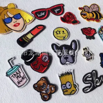 

100pcs/lot Embroidery Patch Lipstick Drink Rose Girl Bee Dog Bear Glasses Biker Clothing Decoration Iron Heat Transfer Applique