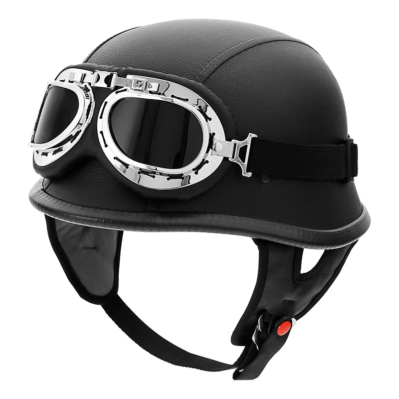 DOT German Black Leather Motorcycle Half Face Helmet Biker Pilot