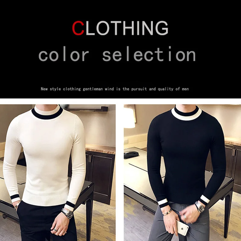 Осенний мужской свитер pull homme Модный повседневный теплый однотонный облегающий мужской вязаный пуловер с круглым вырезом белого и черного цвета