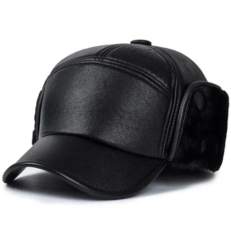 

NEW Winter Baseball Caps Men With Ear flaps PU Leather Warm Thicken Snapback Caps Men Dad Hat Casquette Gorros