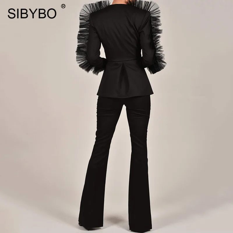 Черный SIBYBO сетчатый осенний Женский блейзер и брюки, комплект с длинным рукавом и высокой талией, комплект из двух предметов, женский черный повседневный комплект для офисной леди - Цвет: Черный