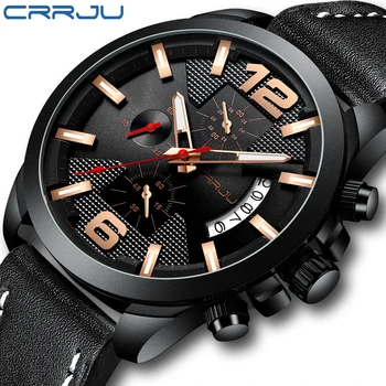 

New Mens Watches Crrju Top Brand Luxury Leather Casual Quartz Watch Men Sport Waterproof Clock Black Watch Relogio Masculino